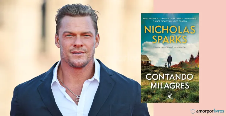 Ator protagonista (Alan Ritchson) e o livro Contando Milagres