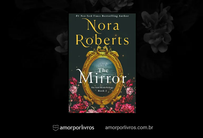 Capa do livro The Mirror com um fundo de flores em preto e branco