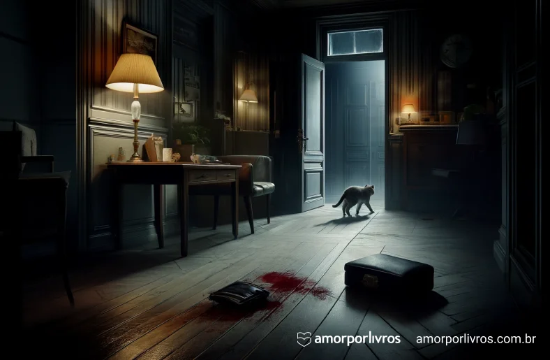 Cena do livro com um apartamento com mancha no chão e um gato ao fundo