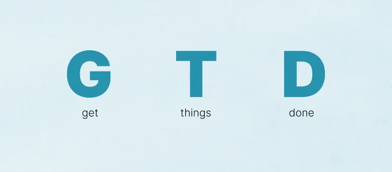 Ilustração minimalista com as letras ‘G’, ‘T’ e ‘D’ em azul, destacando a sigla do método de produtividade ‘Get Things Done’ (GTD), de David Allen, sobre fundo claro.