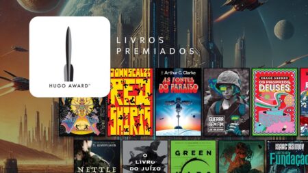 Logo do Hugo Award com alguns livros premiados