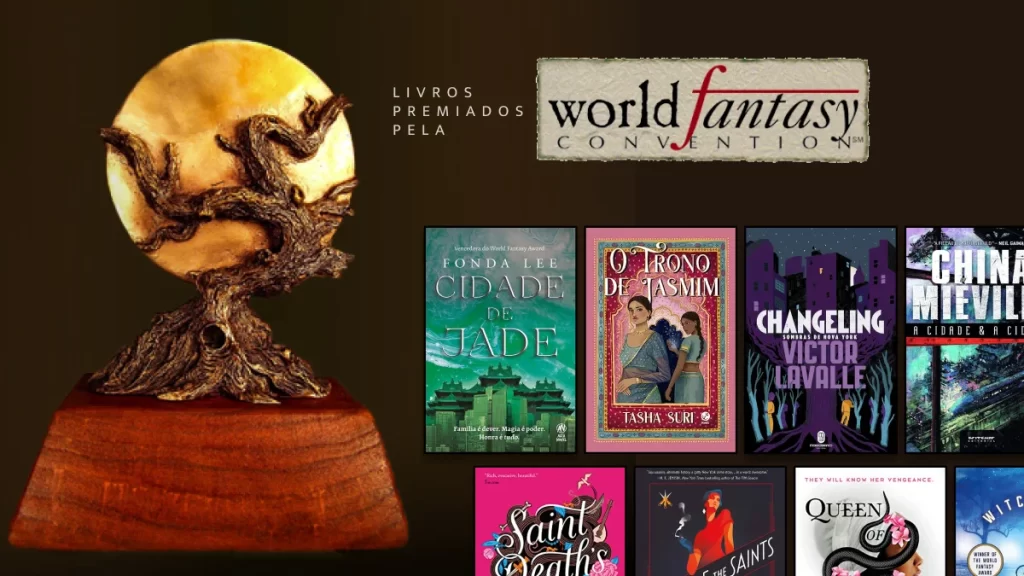 Imagem com os dizeres "livros premiados plea World Fantasy" e capas de alguns dos livros