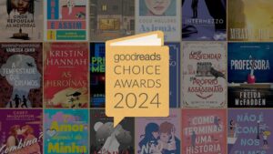 Logo do Goodreads Choice Awards 2024 em um fundo com capas de livros