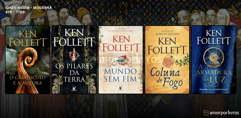 Cinco livros da série Kingsbridge de Ken Follett, cobrindo da Idade Média à Era Moderna, com fundo de arte medieval.